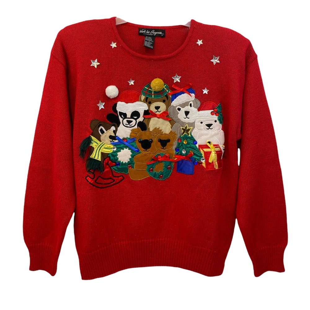 Work in Progress Red Christmas sweater Embroidered Bears size L Vintage